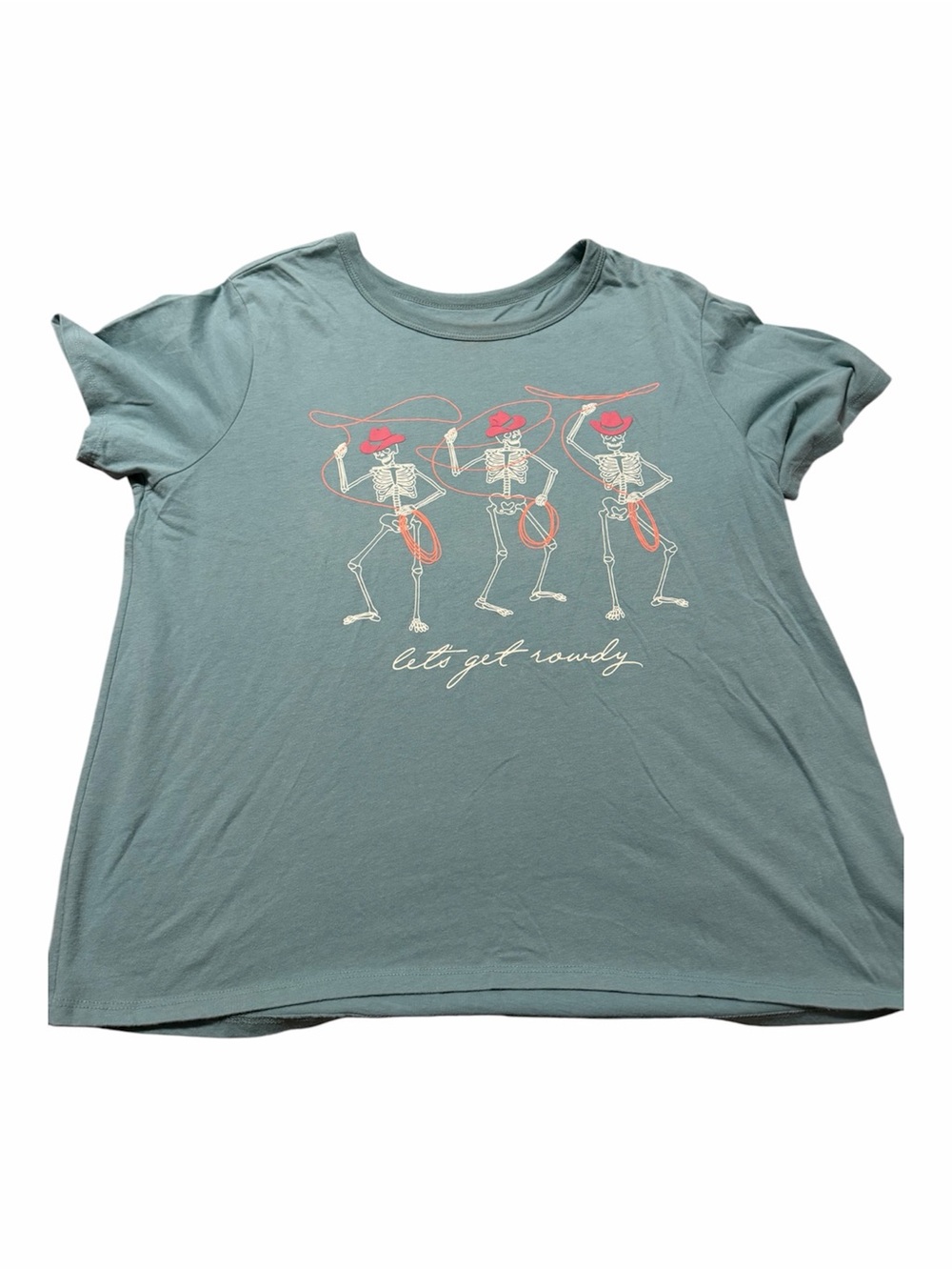 “Let’s Get Rowdy” Skeleton Cowboy Graphic Tee Women’s Size XL Halloween Fall